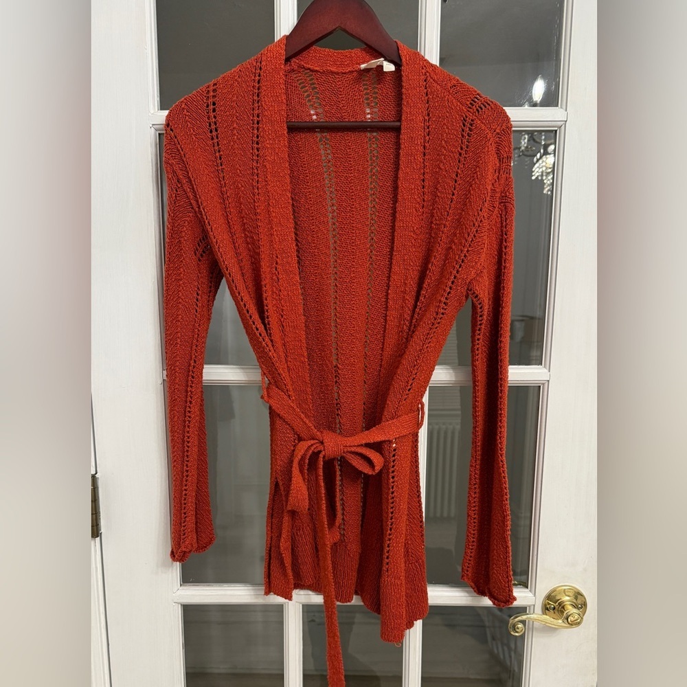 ANTHROPOLOGIE MEADOW RUE Womens Red Pointelle Knit Open Front Tie Waist Cardigan